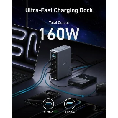 قاعدة شحن ومحطة توصيل أنكر برايم 14 في 1 بقدرة 160 واط مع دعم شاشتين – رمادي